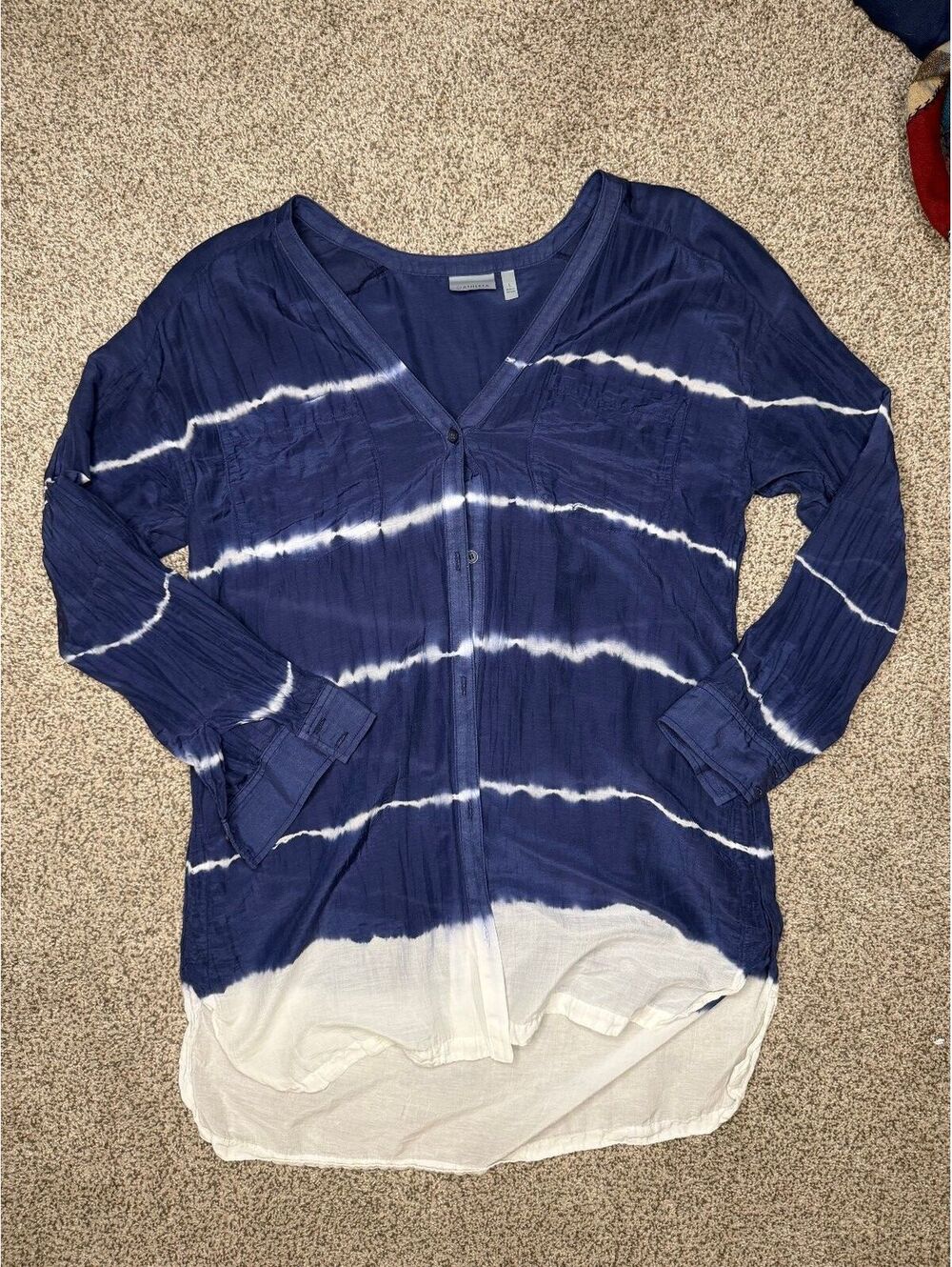 Athleta Cotton/Silk Blend Tie-Dye Button-Up Blouse in Blue and White